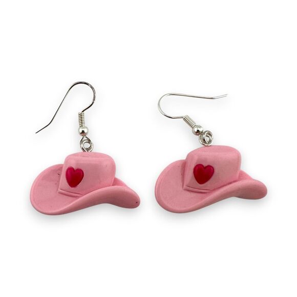 Pink Cowgirl Hat Earrings Western Earrings Silver Plated Ear Wires - Picture 1 of 6